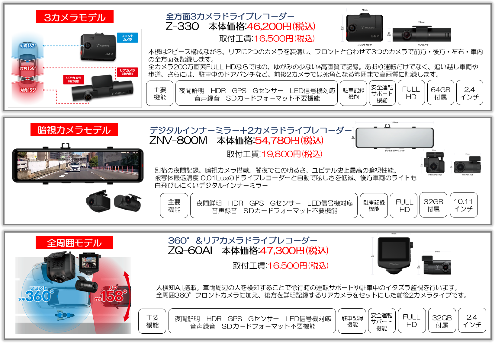 ドライブレコーダー・ナビ、H/Uオプション・バックカメラ・ETC・各種
